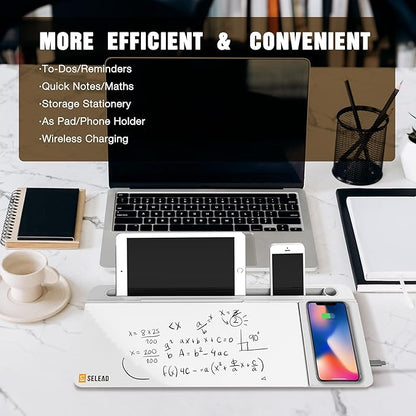SELEAD Desktop Glass Whiteboard with Wireless Charger Station & Built-in Mirror, Dry Erase Board Computer Pad Keyboard Stand with Organizer for Home, School, Office Desk Accessories, White