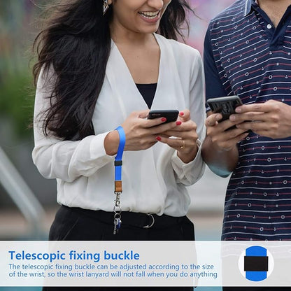 Adjustable Hand Wrist Lanyard with Fixed Buckle, Unisex Short Keychain, Durable Wristlet Strap for Car Keys Accessories Wallet USB (Blue Silver)