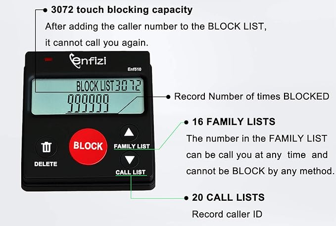 Enf510 Call Blocker for Landline Phones/Answering Machine/Home Cordless Phones, Works with All Analog Telephones, Block unwanted Calls