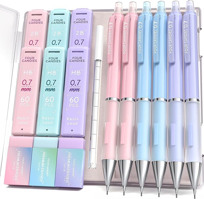 Four Candies 0.7mm Mechanical Pencil Set - 6PCS Cute Pencils with 360PCS HB & 2B Lead Refills, 3PCS Pastel Erasers and 9PCS Eraser Refills, Aesthetic School Supplies for Student Writing Drawing