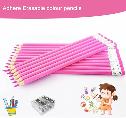 Adhere 25pcs Checking Pencils Erasable colored Pencils Pre-Sharpened #2 HB,for Checking Tests Grading Map Coloring,school Correcting,editing Office Favors,including a Free sharpener.(Pink)
