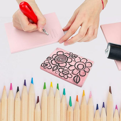 4 Pack Rubber Block Stamp Carving Blocks with Cutter Tools and Rubber Brayer Roller for Printmaking and More Crafts