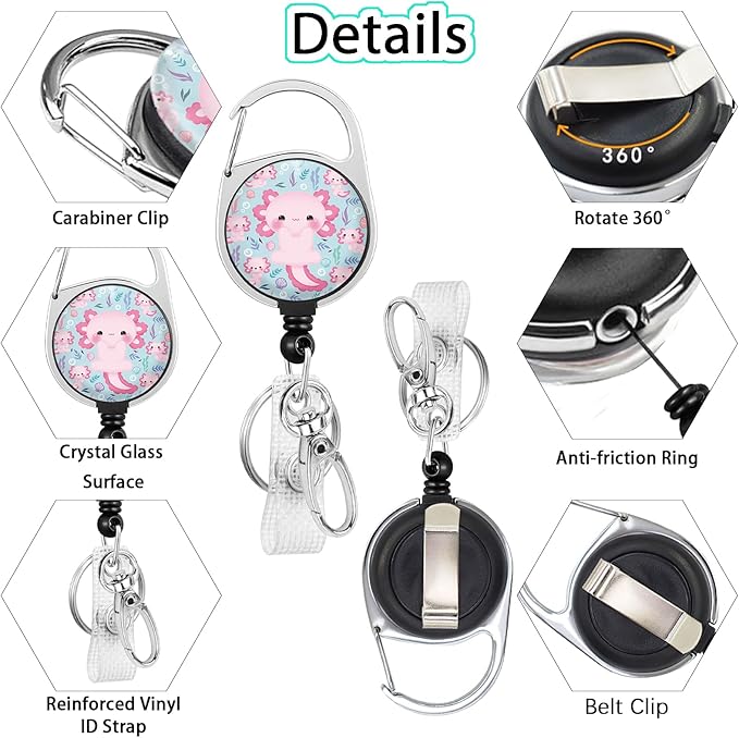 Gctriki Axolotl Badge Reel Retractable Heavy Duty with 360° Swivel Carabiner Clip, Work ID Badge Holder Retractable Clip, Cute Students Nurse Teacher ID Card Holder Badge Keychain Accessories