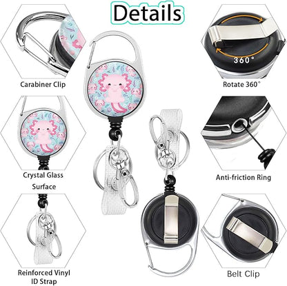 Gctriki Axolotl Badge Reel Retractable Heavy Duty with 360° Swivel Carabiner Clip, Work ID Badge Holder Retractable Clip, Cute Students Nurse Teacher ID Card Holder Badge Keychain Accessories