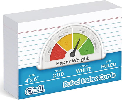 Chell Ruled Index Cards 4x6 Inch Heavyweight, 200 Count, Ruled Front and Blank Back, 65 lb. Cover Weight, White