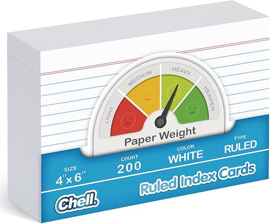 Chell Ruled Index Cards 4x6 Inch Heavyweight, 200 Count, Ruled Front and Blank Back, 65 lb. Cover Weight, White