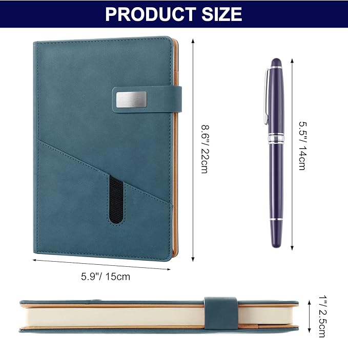 A5 Lined Leather Journal with Pen, 240 Pages Refillable Hardcover Notebook with Pocket and Magnetic Buckle, 80gsm Thick Daily Diary for Men and Women, Great Gift for Business School Travel Personal -