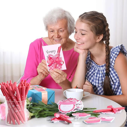 24 Set Mother's Day Sticky Notes and Pens Set Mother's Day Gift Pink Flower Heart Gift Box Bouquet Shaped Self Sticky Notepads Ballpoint Pens for Mothers Day Gift Office Daily Supplies