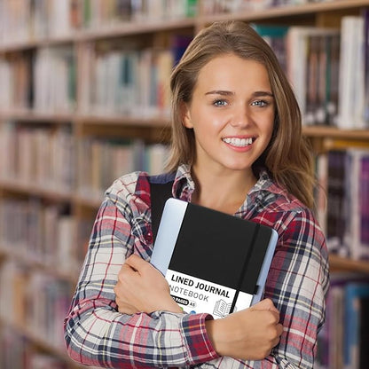 Lined Journal Notebooks for Women and Men, A5 100gsm Hardcover Notebook with Pen Loop, 160 Pages, 5.7" X 8.3", Notebook for Student, Office, School (Black)