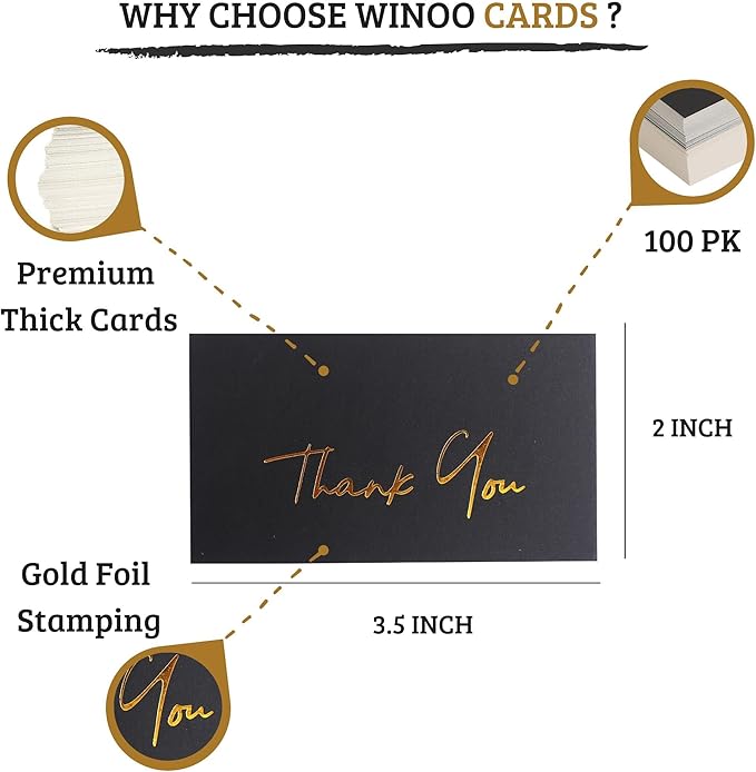 Gold Mini Thank You Cards Small Business - 100 PK - Flat Card No Fold, 2 x 3.5 Inches Thank You for Your Order Cards Thank You for Your Support Cards for Wedding Professional Black