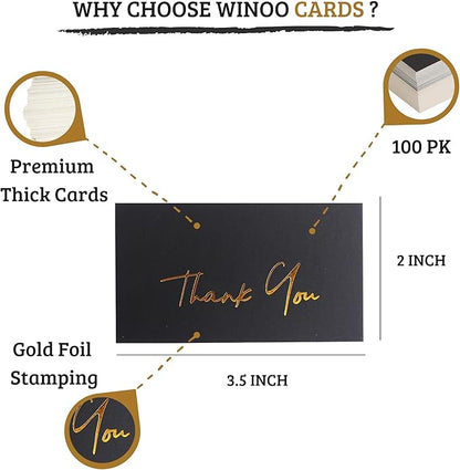 Gold Mini Thank You Cards Small Business - 100 PK - Flat Card No Fold, 2 x 3.5 Inches Thank You for Your Order Cards Thank You for Your Support Cards for Wedding Professional Black