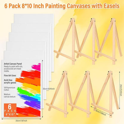 Canvas Boards with Easel for Painting 6 Pack 8 x 10 Inch Painting Canvas Panels with Pine Easels, Blank Canvas Beginner Kit for Acrylic Oil Watercolor Crafts Sip and Paint Art Party