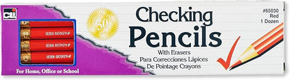 Charles Leonard Checking Pencil, Red Colored with Eraser, 12/Box (65030)