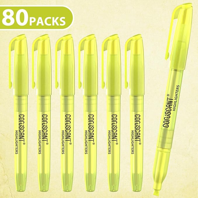 80 packs of highlighters, yellow highlighter, wide chisel tip marking, quick drying, bulk fluorescent pen marking, non-toxic and tasteless, suitable for schools offices and home.