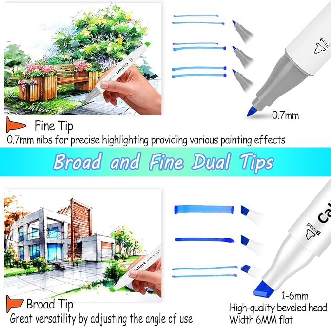 Caliart 41 Colors Dual Tip Art Markers Permanent Alcohol Based Markers Colored Artist Drawing Marker Pens Highlighters With Case for Coloring Animation Illustration Painting Card Making Underlining