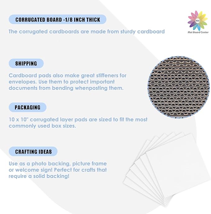 Mat Board Center, 25 pack 10x10 Corrugated Cardboard sheet, 1/8 inch thick, for Mailing, Box & Shipping, Cardboard Backing, Craft Card Board