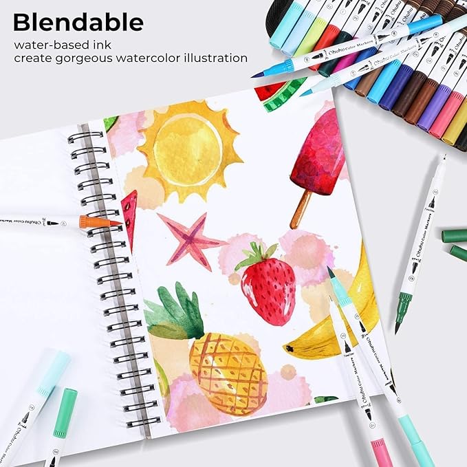 Ohuhu Markers for Adult Coloring Books: 36 Colors Coloring Markers Dual Tips Fine & Brush Drawing Pens Water-Based Art Markers for Kids Adults Drawing Sketching Bullet Journal - Maui - White