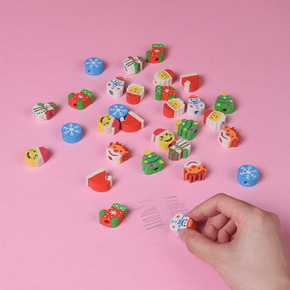 34PCS Fun Cute Christmas Topper Erasers for Kids Bulk,Top Erasers for Pencil Back to School Party Gifts