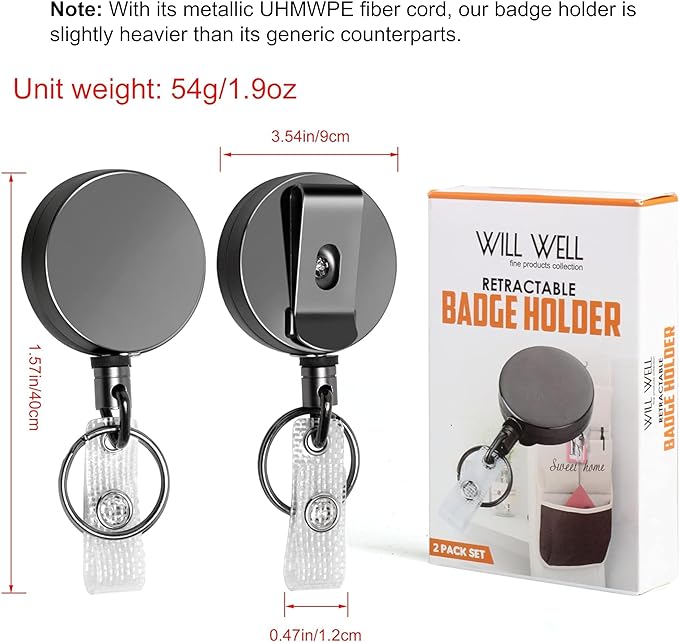 Will Well ID Badge Holder Reel with Clip and Keyring - Heavy-Duty All-Metal Casing with 27.5" UHMWPE Fiber Pull Cord for Durability and Easy Access, Holds up to 8 Keys - 2-Pack, Round, Glossy Black