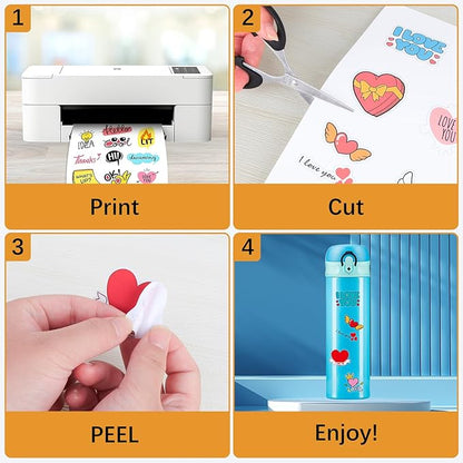 60 Sheets Premium Printable Vinyl Sticker Paper for Inkjet Printer, Glossy White Waterproof, Dries Quickly, Vivid Colors, Tear Resistant, 8.5x11 Inkjet Vinyl Sticker Paper Great for Cutting Machines