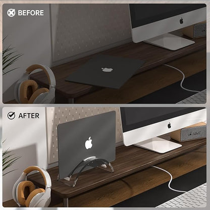 Clear Acrylic Vertical Laptop Stand, Premium Transparent Desktop Notebook Dock, Space-Saving Vertical Laptop Holder for MacBook, IPAD, Book