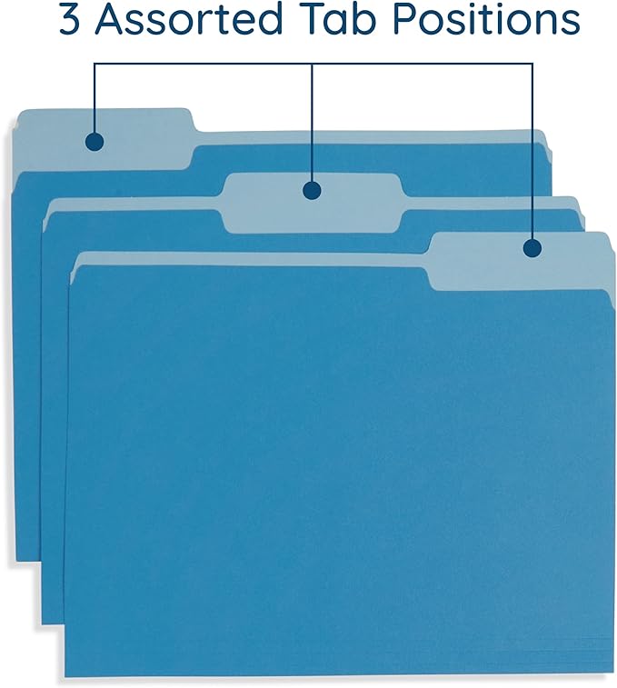 100 Blue Summit Supplies Blue File Folders - Letter Size 1/3 Cut 100 Pack, Two-Tone File Folders, Durable 11pt Paper, Blue Folders Bulk for Organization