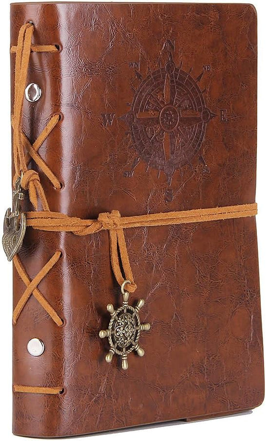 EvZ Leather Writing Journal Notebook, 7 Inches Vintage Nautical Spiral Blank String Diary Notepad Sketchbook Travel to Write in, Unlined Paper, Retro Pendants, Classic Embossed, Retro Brown
