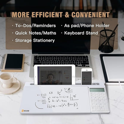 SELEAD Desktop Glass Whiteboard with Calculator & Built-in Mirror, Dry Erase White Board Computer Pad Keyboard Stand with Organizer Drawer, Desk Accessories for Home, School, Office