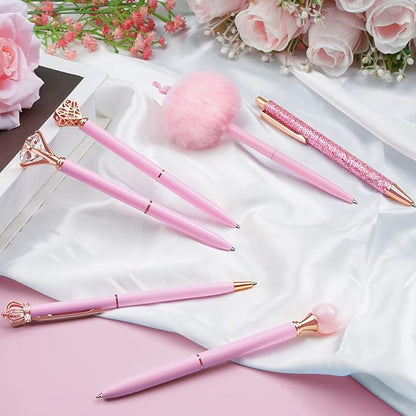 WEMATE 8Pcs Ballpoint Pens Set Metal Crystal Diamond Glitter for Journaling Pink Pen Bling in Black & Blue Ink Pretty Cute Fancy Gifts for Women Wedding School Office Desk(Pink)