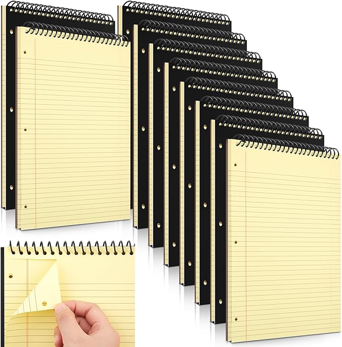 10 Pcs Legal Pads 3 Hole Punched Top Bound Spiral Notebook Tear Line for Easy Removal 8.5 x 11 in Hard Cardboard Paper College Ruled Notepad Spiral Note Pad for Office School (Yellow)