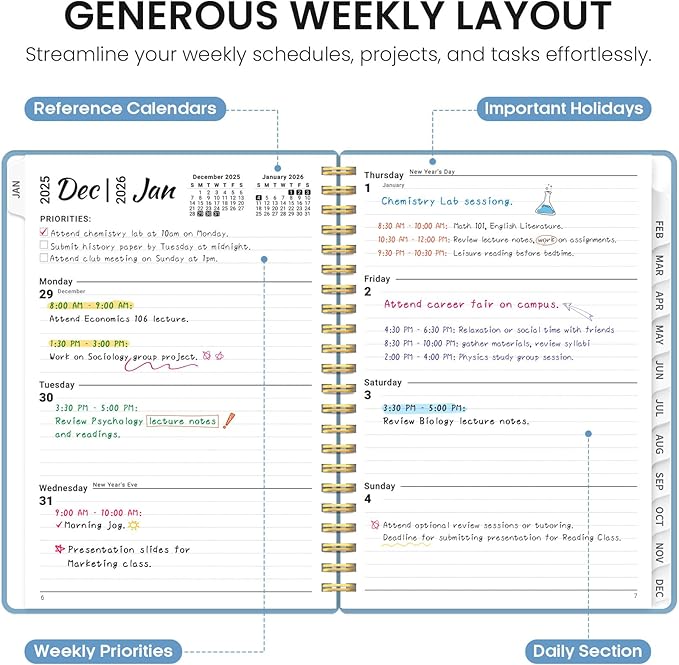 2026 Planner, Weekly and Monthly Calender Planner, Jan 2026 to Dec 2026, Hardcover 2026 Calendar Planner Book with Tabs & Inner Pocket, Office Home School Supplies for Women & Men - A5 (6.3" x 8.5"), Blue