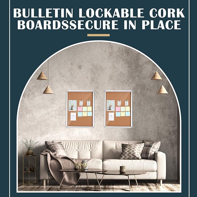 2 Pieces Enclosed Bulletin Board 26 x 20 Inch Lockable Notice Board Case Aluminum Framed Waterproof Noticeboards Cabinet with Mounting Screws for Office School Classroom Wall Display