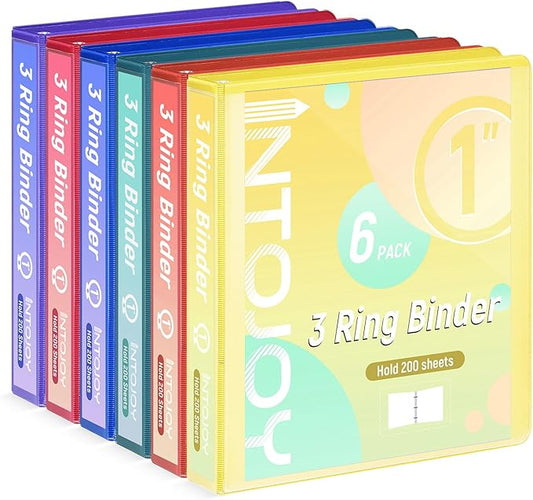 3 Ring Binder 1 Inch, IntoJoy 6 Pack Clear View 3 Hole Binder PVC-Free Fits 8.5x11 Inch Paper Flexible Round Ring Binders for School Office Home Binder Supplies (Multicolored)