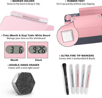 Small Glass Desk Whiteboard Dry-Erase Board with Clock, Small Travel Reminder Clock Keychain with Desk Notepad, Time Table Whiteboard for Desk Digital LED Light Display, 8x6 in with Accessories, Pink
