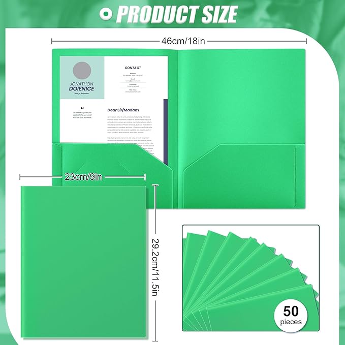 Gueevin 50 Pcs Plastic Folders with Pockets, Two Pocket Folder Fit Letter Size, Heavy Duty School Business Card Holder for Home Office School Bussiness, 11.61 x 9.45 Inches (Green)