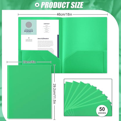 Gueevin 50 Pcs Plastic Folders with Pockets, Two Pocket Folder Fit Letter Size, Heavy Duty School Business Card Holder for Home Office School Bussiness, 11.61 x 9.45 Inches (Green)