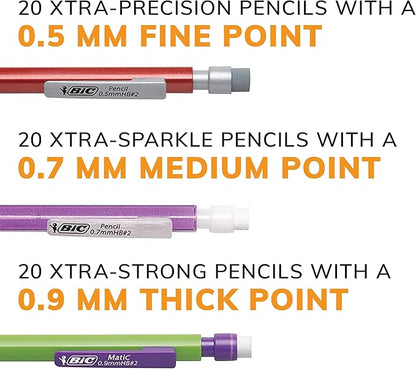 BIC Variety Pack, Assorted Sizes, 0.5mm, 0.7mm, 0.9mm, Refillable Design for Long-Lasting Use (Pack of 3, 180 Count Total)