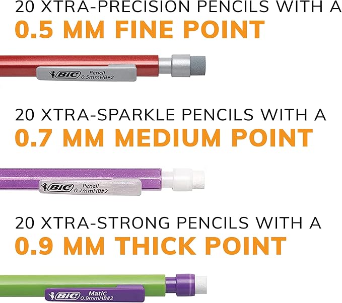 BIC Variety Pack, Assorted Sizes, 0.5mm, 0.7mm, 0.9mm, 60-Count, Refillable Design for Long-Lasting Use