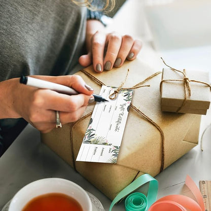 Sinmoe 50 Sets Gift Certificate for Business with 50 Pcs Envelopes Blank Gift Certificate Cards with Name and Address Rustic for Beauty Salon Restaurants Birthday(4.72 x 2.36 Inch, Leaf Style)