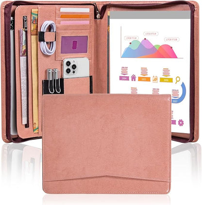 Calfinder Leather Padfolio for Women, Professional Vegan Leather Resume Zippered Portfolio Folder, Business Portfolio Organizer with A4/US Letter Writing Pad Holder, Gift for Women/Girls, Pink