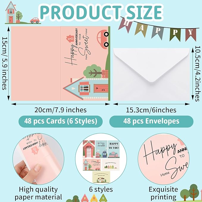 48 Pcs Happy Home Anniversary Cards with Envelopes Bulk Blank Welcome House Cards Real Estate Thank You Notes Housewarming Gifts for Clients Neighbors, 4 x 6 in(Classic)