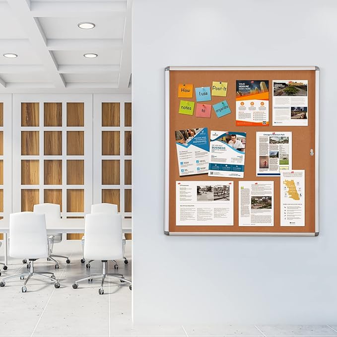 SWANCROWN Enclose Bulletin Board Case Big School Cork Pin Noticeboards Secure Cabinet for Message Guide 38x38inches (12xA4)