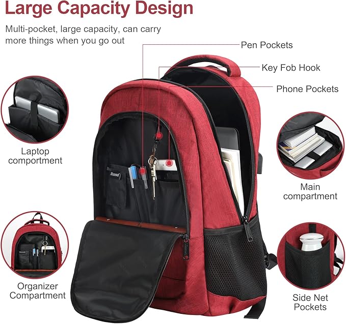 Laptop Backpack for Women, Anti Theft Backpack with USB Charging Port, 15.6 Inch Backpack for School Travel Work, Business (Red)