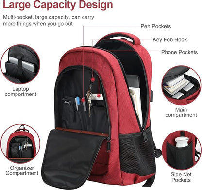 Laptop Backpack for Women, Anti Theft Backpack with USB Charging Port, 15.6 Inch Backpack for School Travel Work, Business (Red)