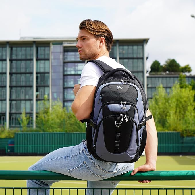 Swissdigital Design Large Business Laptop Backpack with Smart USB Charging Port Travel Backpack Fits 15.6 inches laptops (VECTOR SD803-16 Haze Blue/Black) One Nation One World