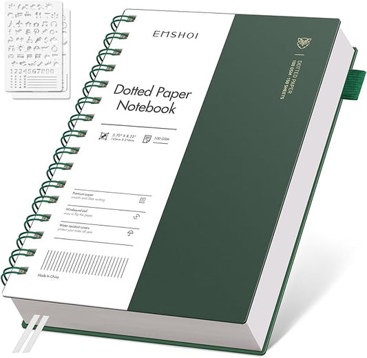 EMSHOI Spiral Notebook Bullet Dotted Journal, A5 Dotted Grid Notebook with 300 Pages, 100gsm Thick Paper, Waterproof Softcover Notebook for School Work Writing, 5.7" × 8.22" - Dark Green