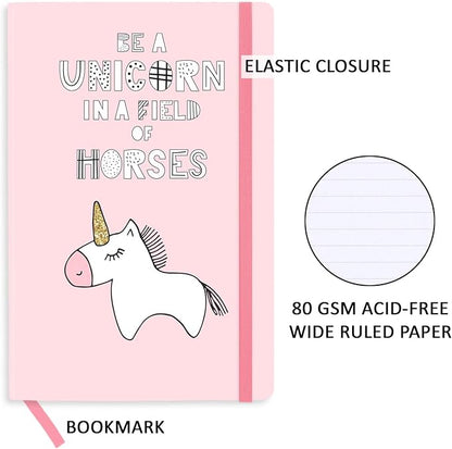 RICCO BELLO Wide Ruled Hardcover Diary Journal School Notebook for Kids, Tweens - Bookmark, Band Closure, Storage Pocket, 5.7 x 8.4 Inches, 192 Pages, (Be A Unicorn)