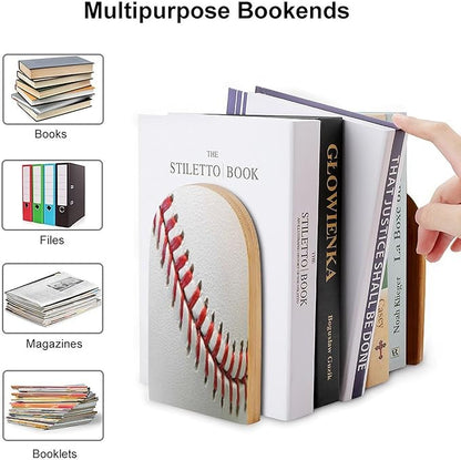 Sport Ball Baseball Lace Wooden Large Book Ends Bookends for Shelves, 2 Pack Non-Skid Bookends for Heave Books, Book Stoppers Holders for Kitchen Office Library, 6.7x4.7x3.9in