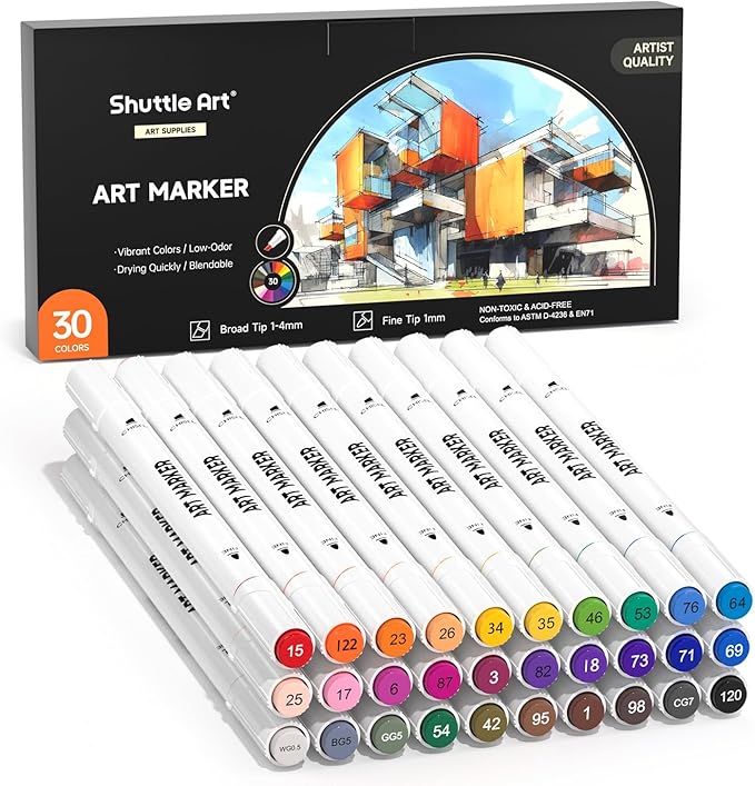 Shuttle Art 30 Colors Dual Tip Art Markers Permanent Marker Pens Highlighters Perfect for Illustration Adult Coloring Sketching and Card Making