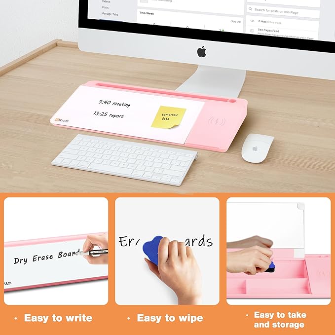 SELEAD Desktop Glass Whiteboard with Wireless Charger Station and Mirror, Desk Dry Erase Board Computer Pad Keyboard Stand with Organizer for Home, School, Office Accessories for Women, Pink